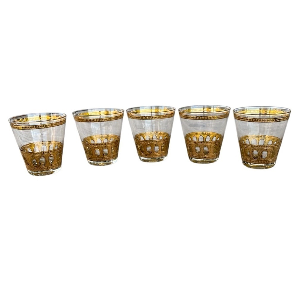 VTG 5-Piece Culver Antigua 22k Gold MCM Barware Old Fashioned Flare Crackle Oval